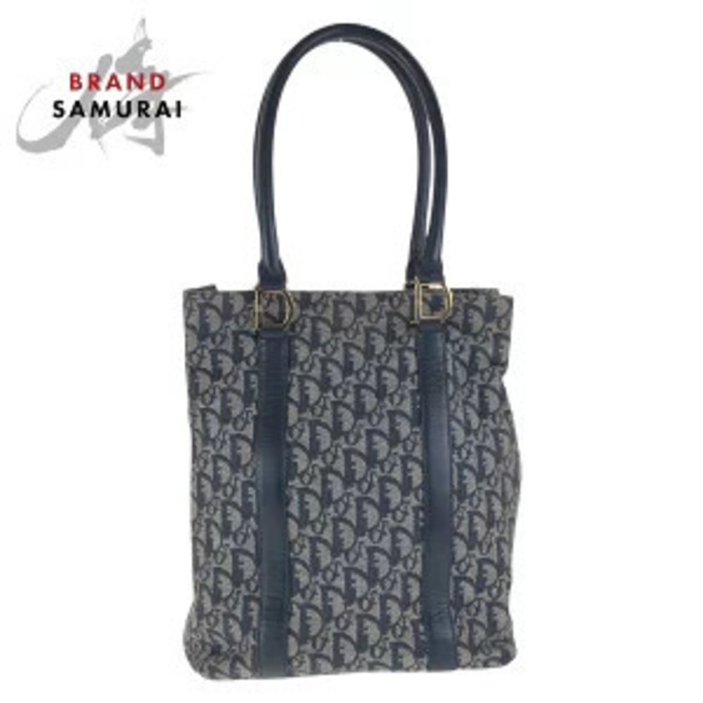 Christian Dior Trotter Navy Blue Canvas Leather Tote Bag Shoulder
